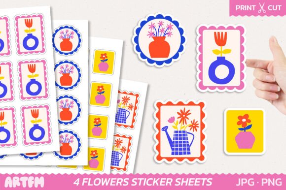 Download Retro Flowers Stamps Sticker Sheets - Premium Resources